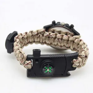 Outdoor tactical paracord survival watch with compass and sturdy braided strap for camping.