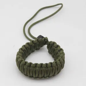Detailed close-up view of a dark green woven paracord camera wrist strap and hand lanyard.