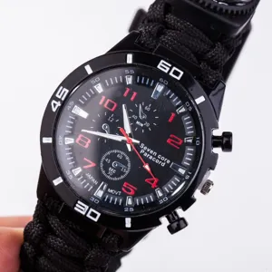 Outdoor survival multi-function paracord watch with compass and fire starter.