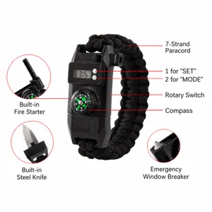 Multifunctional outdoor survival paracord bracelet with watch, compass, whistle, and fire starter.