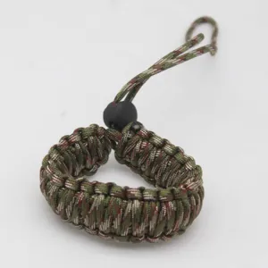 Detailed closeup of durable double layer green camouflage paracord camera wrist strap bracelet.