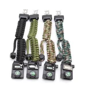 Outdoor survival paracord bracelet watch with compass and digital display for hiking adventures.