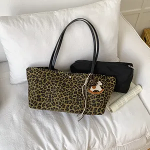 Women Retro Leopard Print Tote Bag Large Capacity Canvas Shoulder Bag With Mini Pouch Fashion Commuter Handbag Hobo Bag