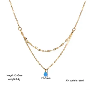 Double layer opal teardrop pendant necklace in 304 stainless steel with 42+5cm length.