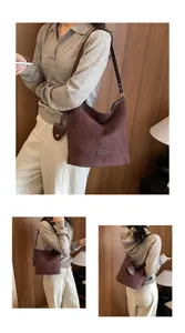 Women vintage brown suede shoulder bucket bag large capacity casual commuter handbag