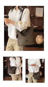 Retro brown suede shoulder bag for women, large capacity casual commuter hobo bucket bag.