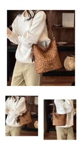 Leopard print shoulder bag for women, retro bucket bag with large capacity and stylish design.