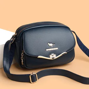 Classic dark blue PU leather women crossbody bag with elegant flap and shoulder strap.