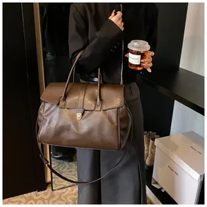 Bolso bandolera de cuero marrón oscuro, bolsa de viaje vintage, gran capacidad de trabajo.