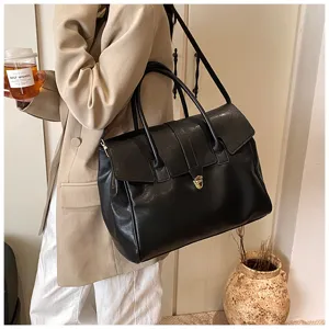 Bolso grande negro de cuero para mujer bolsa de hombro shopper elegante oficina trabajo.