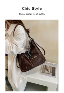 Retro brown tote bag detail showing premium leather texture, chic style and metal buckle.