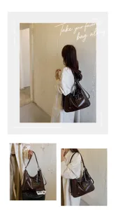 Retro brown tote bag detail view, large capacity shoulder bag with chic scarf accessory.