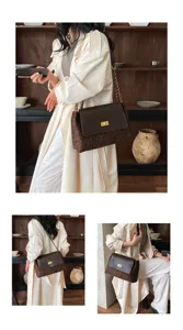 Detailed view of the stylish leopard print shoulder bag with gold chain and turn-lock.