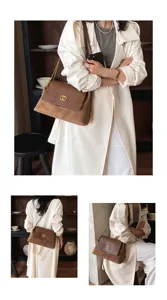 Detailed view of women brown suede shoulder bag with chain strap and luxury gold lock design.
