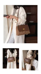 Detailed view of women brown chain shoulder bag, elegant suede texture with metal lock.