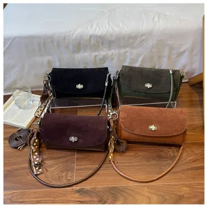 Chic suede small square shoulder bag with metal lock and cute scarf detail for women