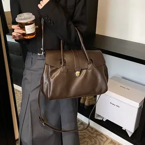 Bolso tote clásico de piel marrón oscuro, gran capacidad, elegante bolso de hombro para mujer.