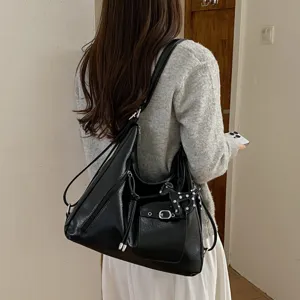 Retro black PU leather hobo shoulder tote bag for women, casual large capacity main view