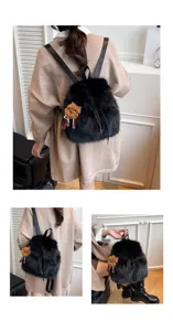 Cute black plush backpack for women, fluffy furry school bag with cute pendant and drawstring.