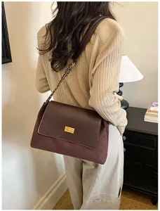 Chic brown suede leather shoulder bag with stylish chain strap and metal turn lock for daily wear.