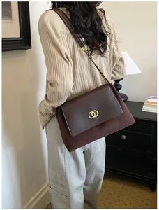 Stylish women shoulder bag retro contrast leather chain design casual daily crossbody bag