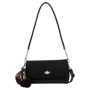 Black chic small square shoulder bag with metal turn-lock and stylish furry charm.