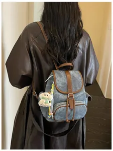 Casual Korean style denim backpack for women, lightweight daily commute travel shoulder bag.
