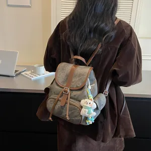 Vintage canvas backpack for women retro style casual daypack multi-pocket chic school bag