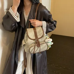 Korean style minimalist canvas backpack for women, casual daily commuting large capacity school bag