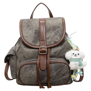 Casual retro canvas backpack for women daily commute stylish school bookbag with cute plush dog