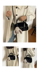 Detailed view of the trendy autumn winter black plush handbag with cute bunny charm, stylish.