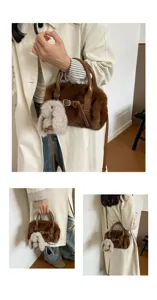 Detailed close-up of the winter plush crossbody bag with cute bunny charm and leather accents.