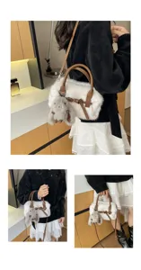 Plush fluffy handbag detail view showing soft winter crossbody bag with cute bunny keychain.