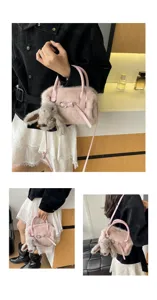 Pink fluffy plush handbag stylish crossbody pillow bag with cute rabbit charm detail view