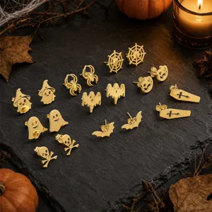 Detailed view of Halloween gold stainless steel stud earrings set featuring ghost and pumpkin designs.