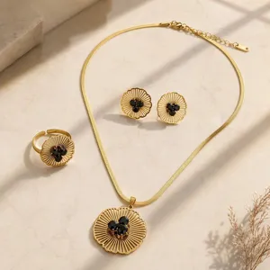 French retro fan flower necklace earrings ring set, elegant gold jewelry for women