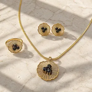 French vintage fan flower three stone necklace earrings ring set jewelry detail closeup view