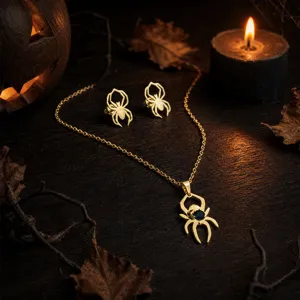 Halloween spider necklace and earrings set with sparkling gothic jewelry accessories.