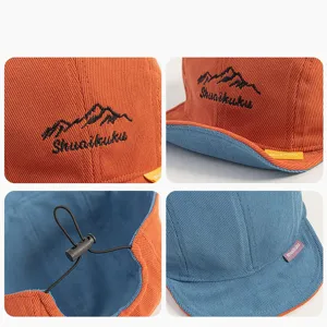 Kids corduroy baseball cap with mountain embroidery, adjustable strap, orange and blue design.