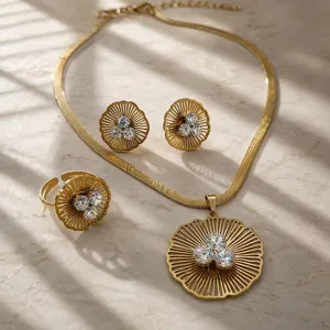 French vintage fan flower jewelry set including necklace earrings and ring in gold tone finish.