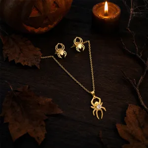Halloween spider necklace earrings set gold tone crystal jewelry detailed closeup view