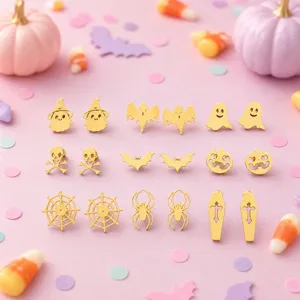 Halloween gold stainless steel stud earrings set cute ghost pumpkin bat spider jewelry