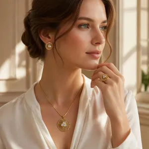 Detailed shot of the elegant gold-plated fan flower pendant necklace earrings and ring jewelry set.