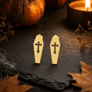 Gold stainless steel coffin cross stud earrings gothic Halloween jewelry detailed closeup view