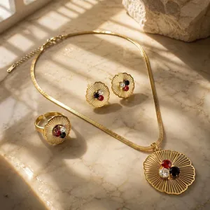 French Vintage Fan-Shaped Floral Jewelry Set Stainless Steel Zirconia Inlaid Necklace Earrings Ring 3-Piece Set For Women Wedding Party Jewelry
