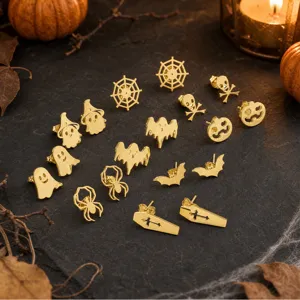 Halloween gold stainless steel stud earrings set quirky ghost pumpkin bat web jewelry