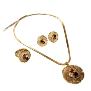 French vintage fan flower jewelry set necklace earrings ring with sparkling multi-color stones