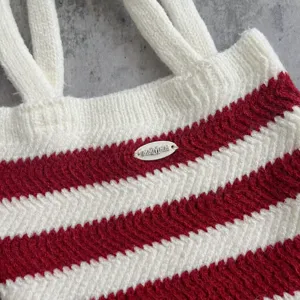 Korean style red white striped knitted children handbag cute autumn winter kids tote bag