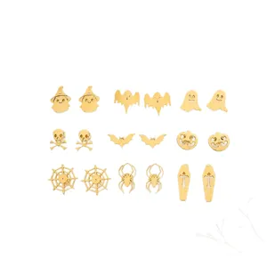 Halloween gold stainless steel stud earrings set featuring quirky ghost, pumpkin, bat and spider designs.