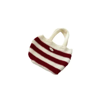 Stylish knitted striped tote bag for children, featuring a cute casual design for daily wear.